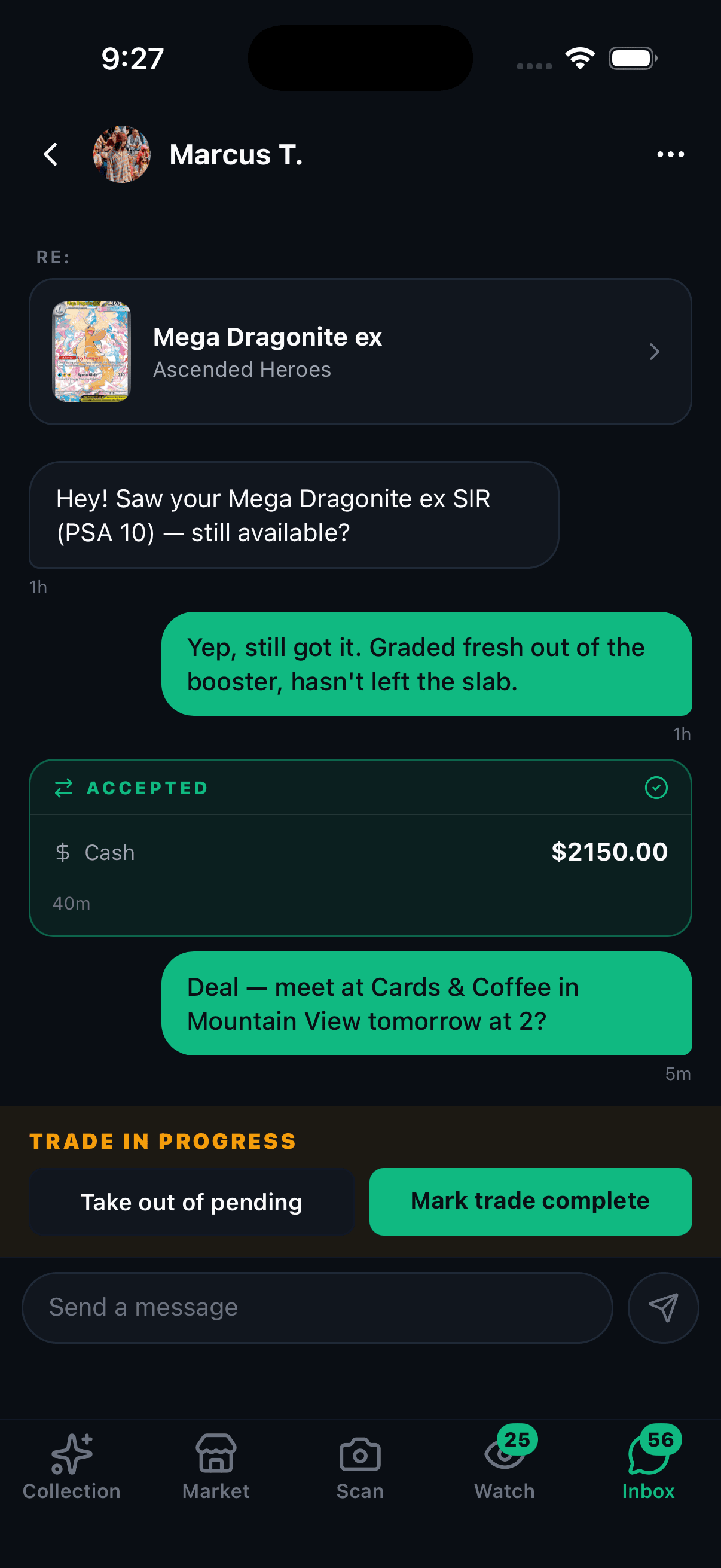 nightmarket conversation showing an accepted $2,150 cash offer and a trade-in-progress panel above the composer