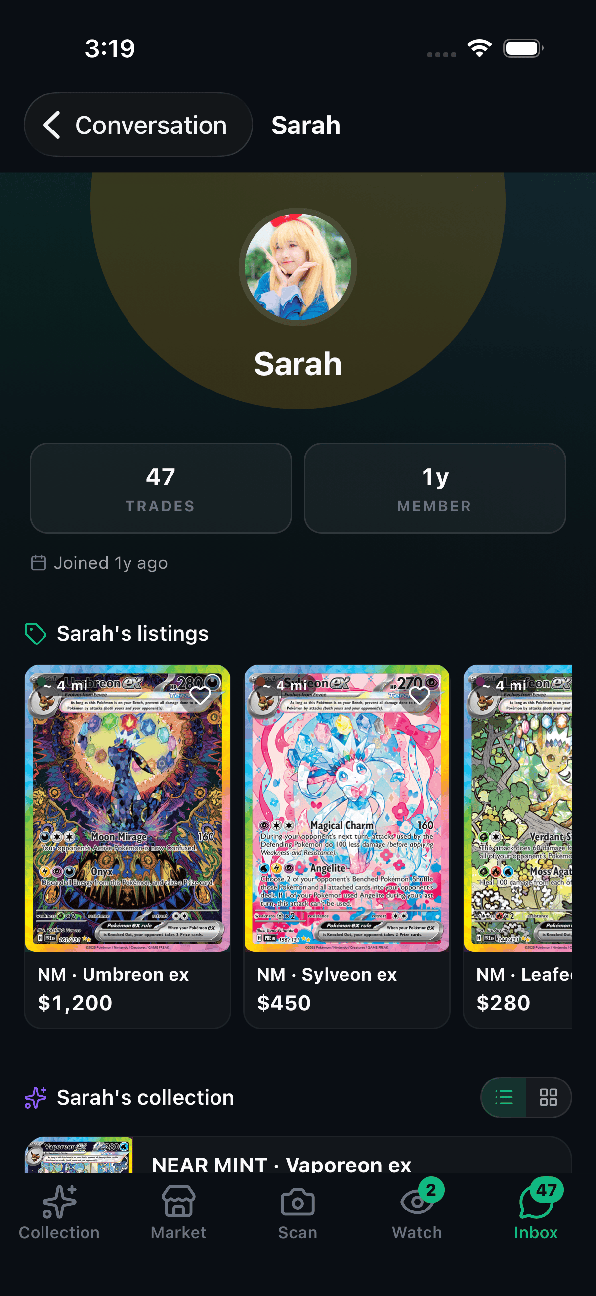 nightmarket trader profile — Sarah, 47 completed trades, member for 1 year, showing her active listings and collection