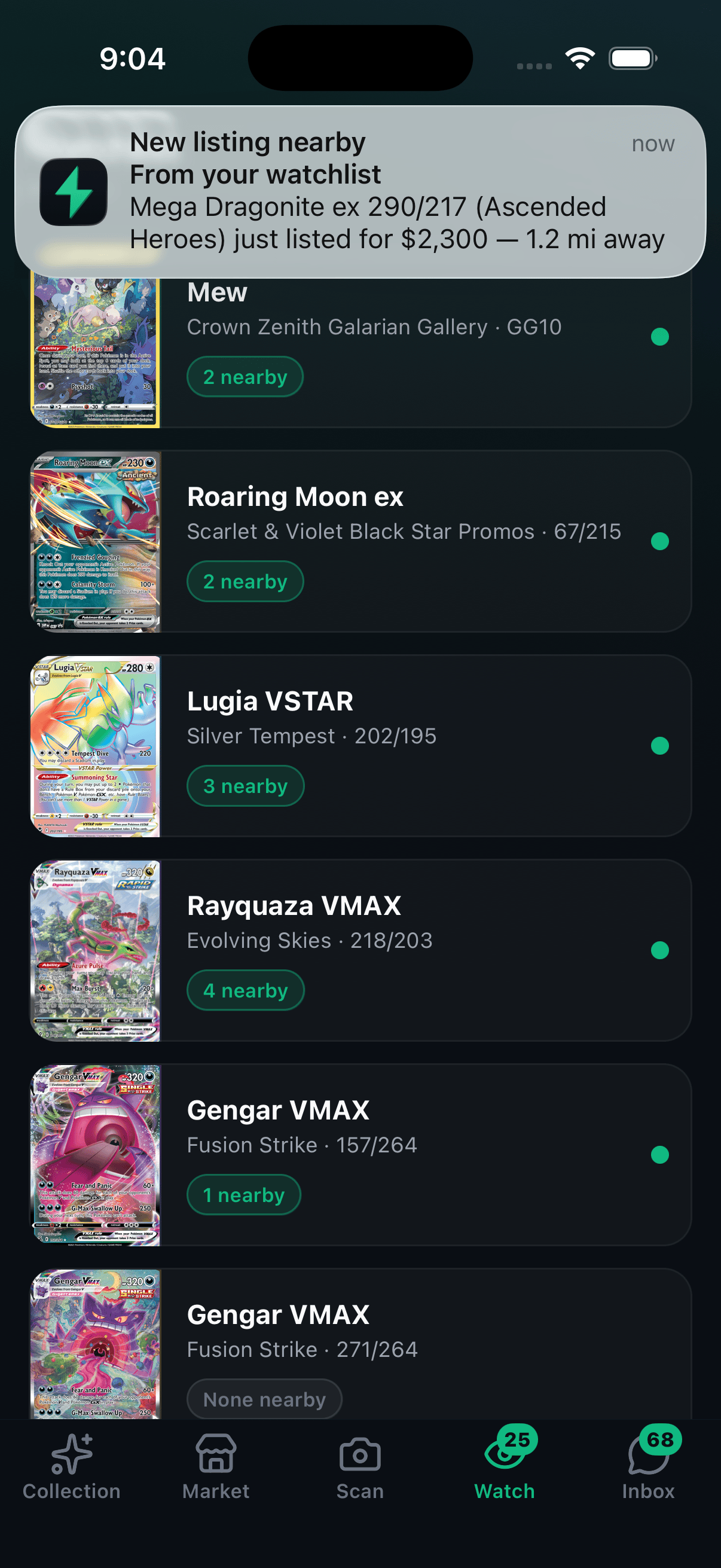 nightmarket watchlist with a live iOS push notification banner sliding down — new Mega Dragonite ex listing nearby